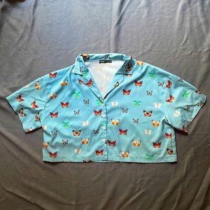 butterfly pattern cropped button up